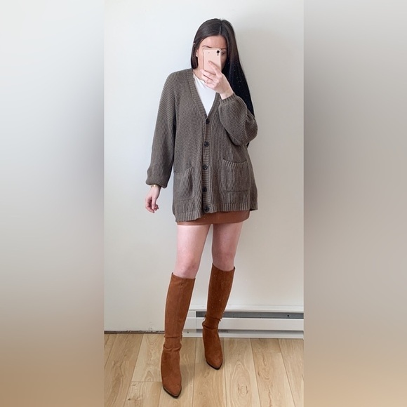 American Eagle Oversized waffle knit Grandpa Slouchy Cardigan Gray Brown XS/S - Picture 3 of 11